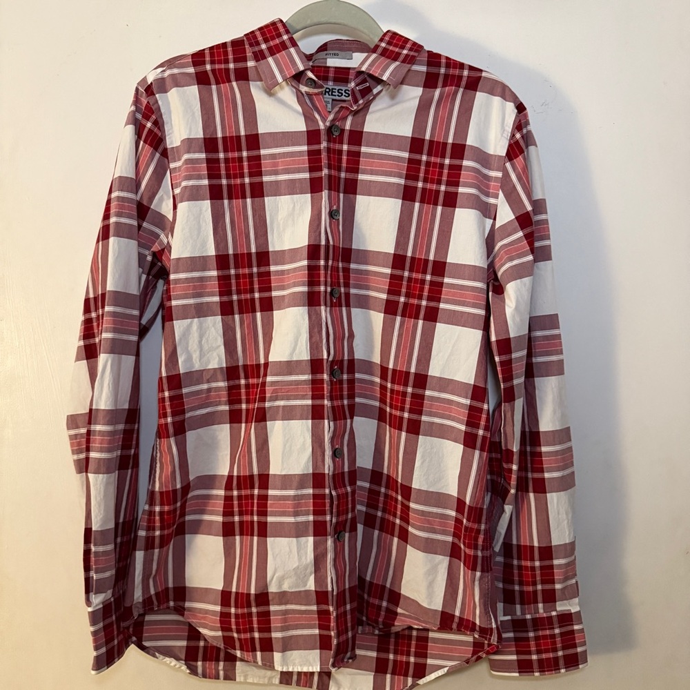 Express Men's Cotton Red and White Plaid Button Down Shirt